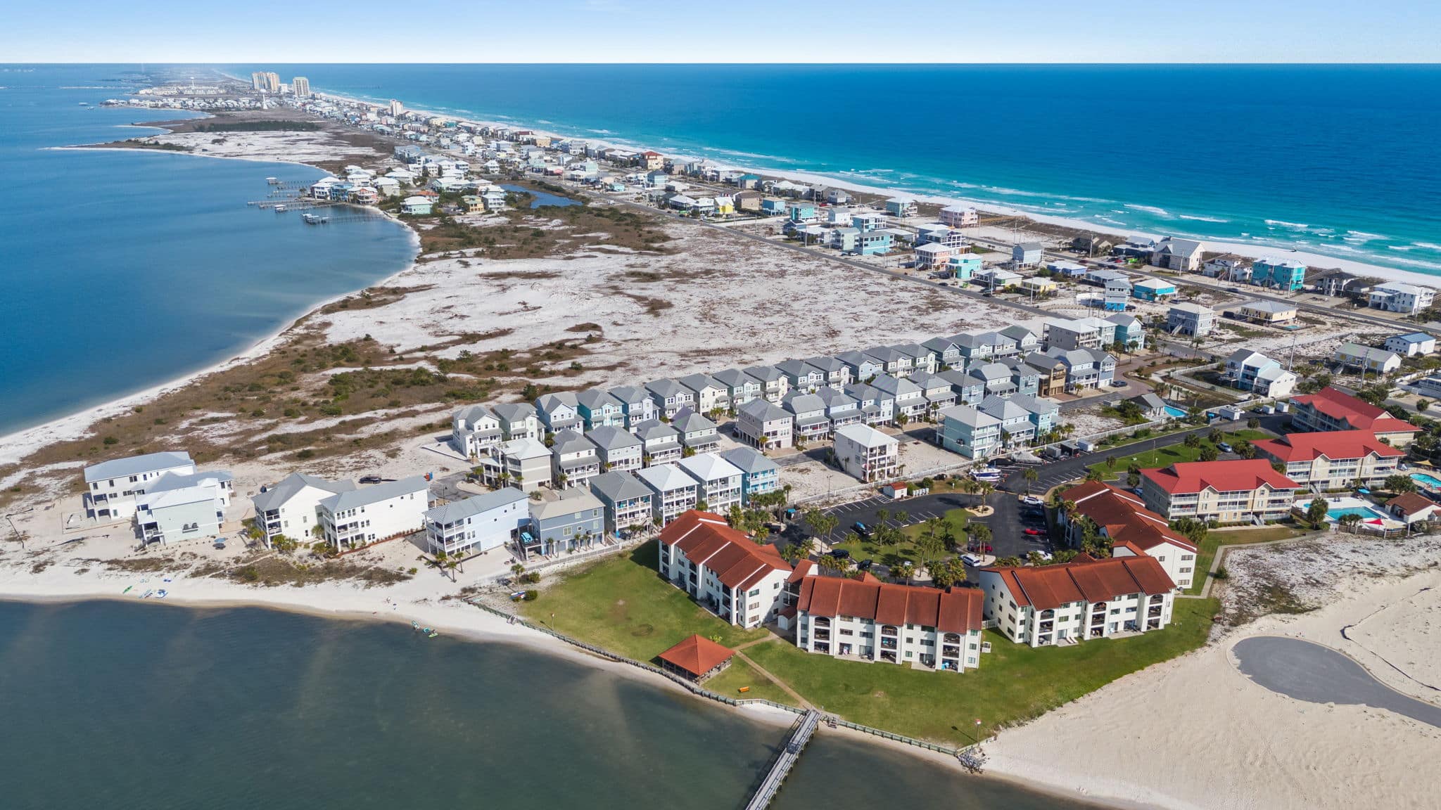Aerial view of Navarre Beach, Florida, with the Gulf on one side and Santa Rosa Sound on the other