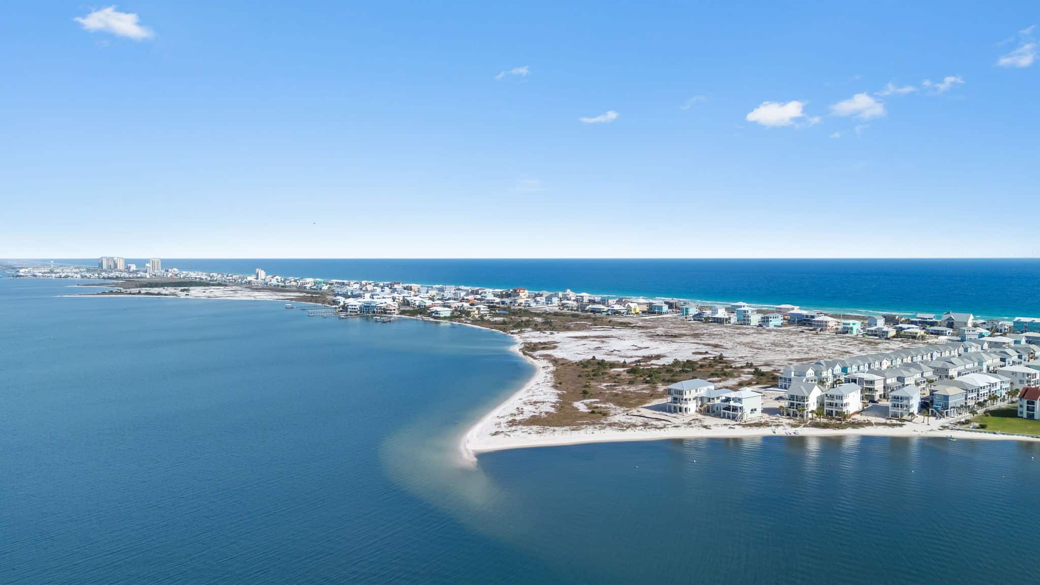 Aerial view of Navarre Beach barrier island with the Gulf of Mexico on one side and Santa Rosa Sound on the other