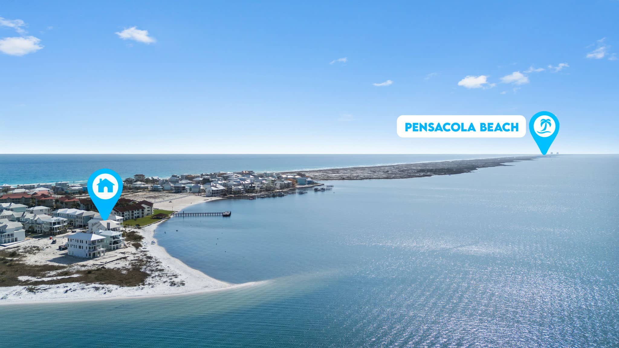 Aerial view looking west along Santa Rosa Island from Navarre Beach toward Pensacola Beach and Fort Pickens