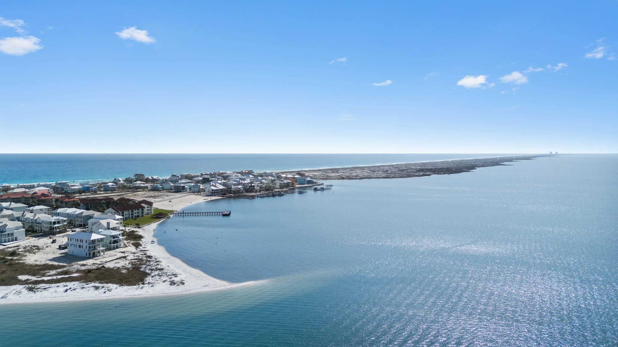 Aerial view of Santa Rosa Sound, sandbars, and the undeveloped stretch of Santa Rosa Island east of Navarre Beach, Florida