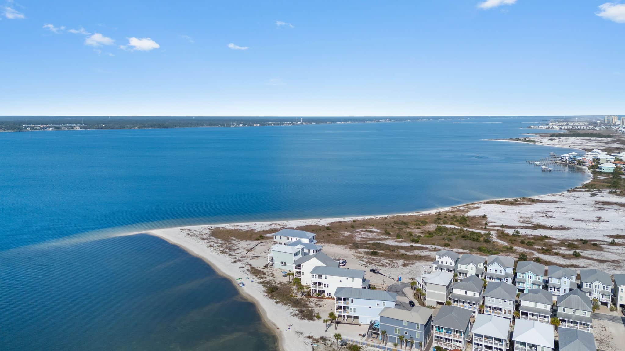 Aerial view of the Navarre Beach barrier island and Santa Rosa Sound on a clear day